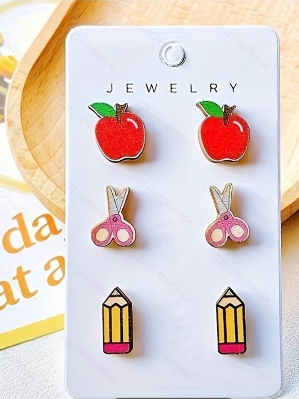 Adults and Kids 3-Pair Apple, Scissors & Pencil Stud Earrings -Red, Pink, Yellow